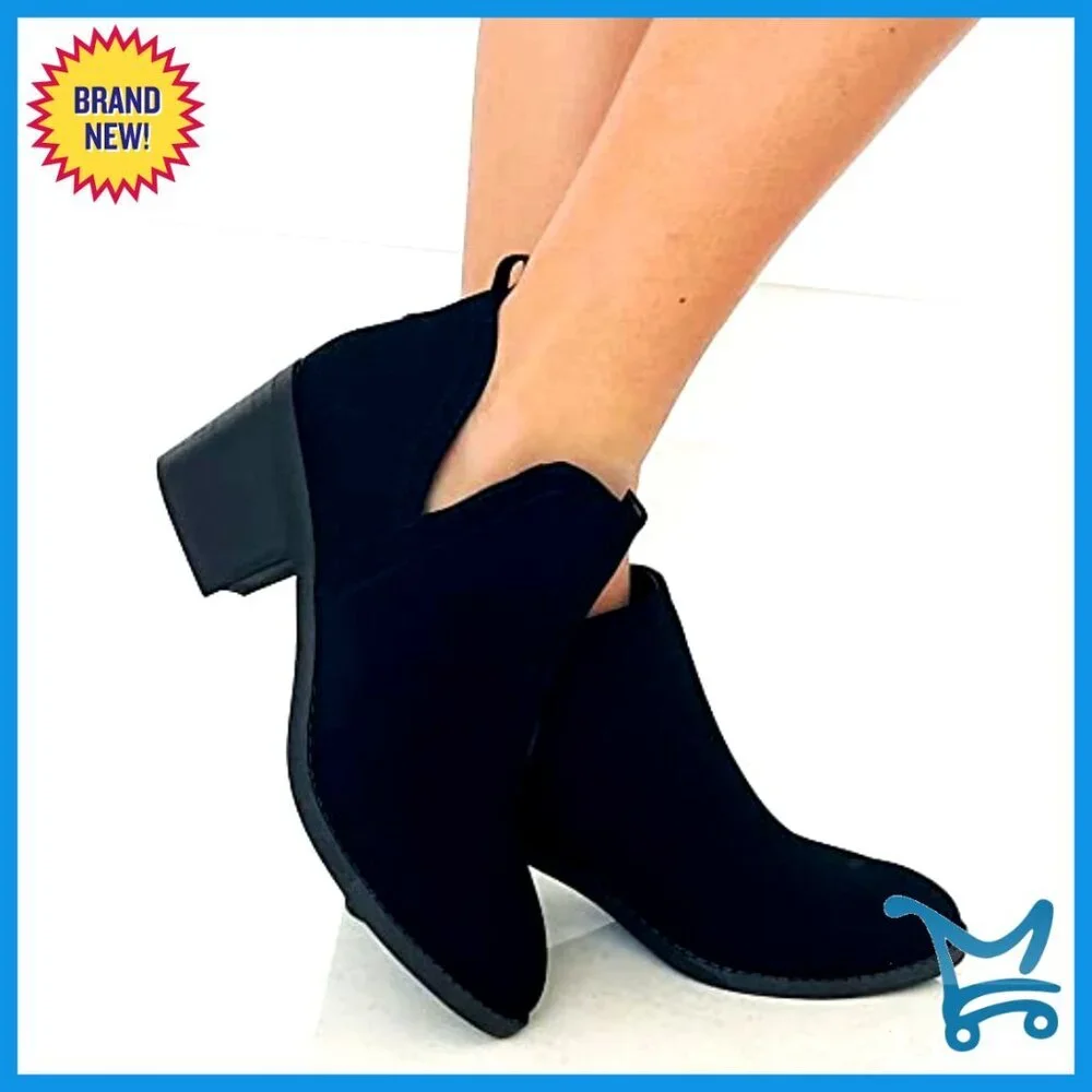 Chunky Low Heel Ankle Boots Slip On Chelsea Square Toe Comfortable Booties